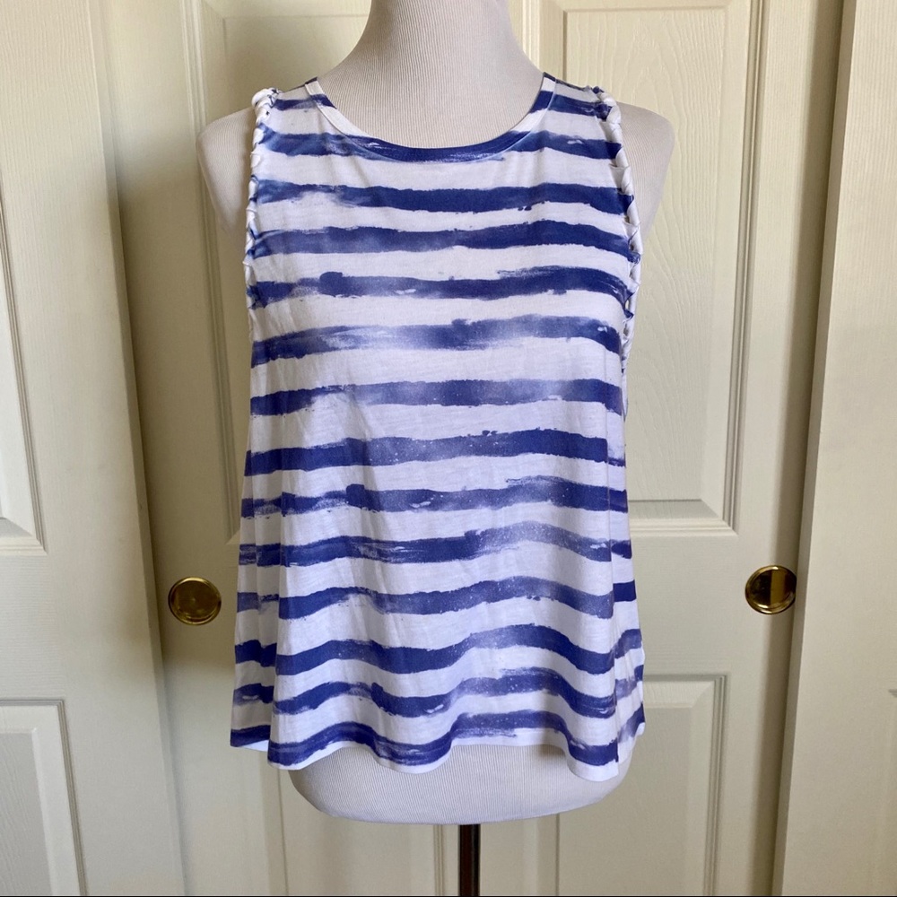 Modern Lux Blue White Watercolor Stripe Tank Top Braided Strap Detail Sz L